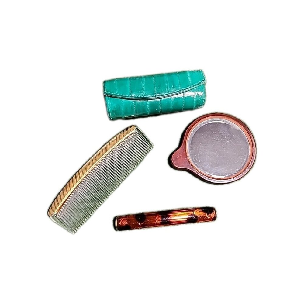 Vintage Purse Essentials Comb EEL Leather Lipstick Case Wood Framed Mirror Barre